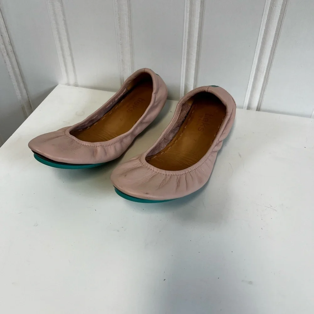 Women's Pink Leather Tieks Ballet Flats - Picture 2 of 5